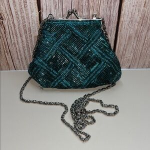 Cache Teal and Silver Beaded Clutch